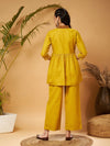 Women Mustard Embroidered Gathered Top With Palazzos