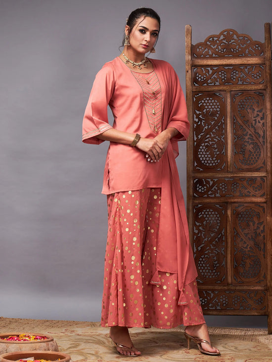 Women Rust Emb Short Kurta With Foil Palazzo And Dupatta