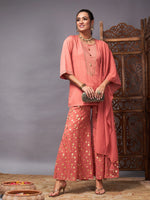 Women Rust Emb Short Kurta With Foil Palazzo And Dupatta