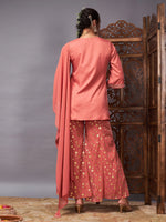 Women Rust Emb Short Kurta With Foil Palazzo And Dupatta