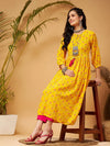 Women Yellow Floral Bishop Sleeves Tie-Up Kurta