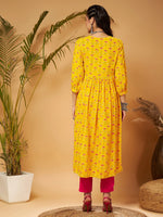 Women Yellow Floral Bishop Sleeves Tie-Up Kurta