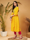 Women Yellow Floral Bishop Sleeves Tie-Up Kurta