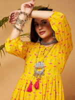 Women Yellow Floral Bishop Sleeves Tie-Up Kurta