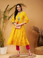 Women Yellow Floral Bishop Sleeves Tie-Up Kurta