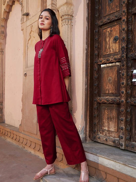 Women Maroon Zari Embroidered Sleeve Top With Palazzos