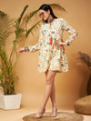 Women Beige Floral Short Gathered Dress