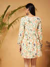 Women Beige Floral Short Gathered Dress