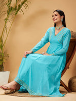 Women Blue Gota Lace Detail Anarkali Maxi Dress