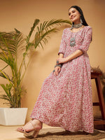 Women White Leaf Print Anarkali Maxi Dress-SHDRS11386XS