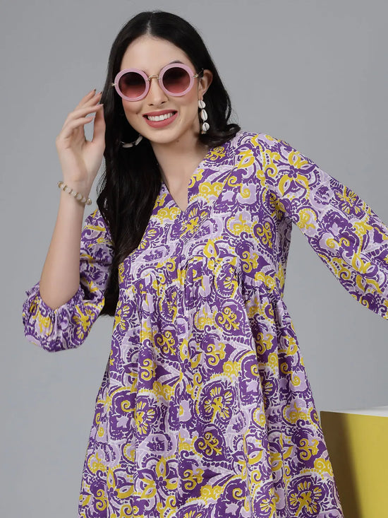 Women's Floral printed Cotton Flared dress-DRSPURPLESOUL36