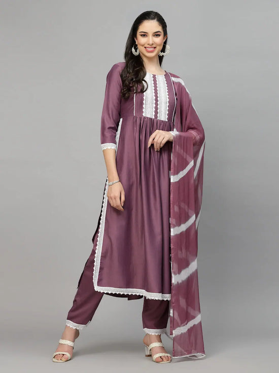 Women's Solid Chinnon Naira cut Kurta Pant Dupatta Set