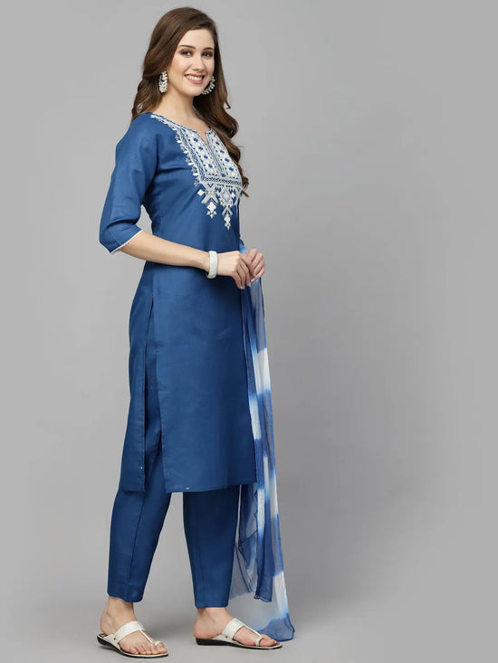 Women's Embroidered Cotton Blend Straight Kurta Pant Dupatta Set-KPDALTOZ36