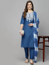 Women's Embroidered Cotton Blend Straight Kurta Pant Dupatta Set-KPDALTOZ36