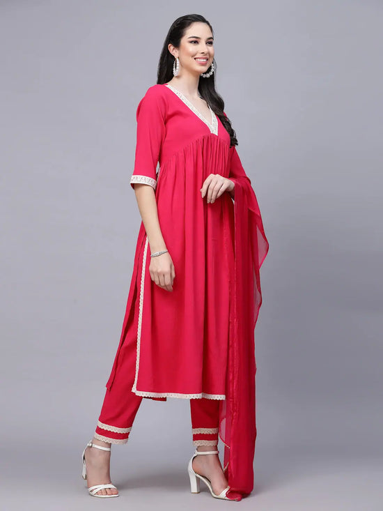 Women's Solid Rayon Naira cut Kurta Pant Dupatta Set