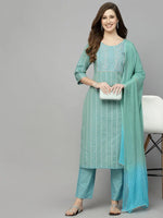 Women's Woven Design & Embroidered Cotton Blend Straight Kurta with Pant & Dupatta-KPDAQUAFOX36