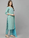 Women's Woven Design & Embroidered Cotton Blend Straight Kurta with Pant & Dupatta-KPDAQUAFOX36