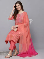 Women's Woven Design & Embroidered Cotton Blend Straight Kurta with Pant & Dupatta-KPDCORALFOX36