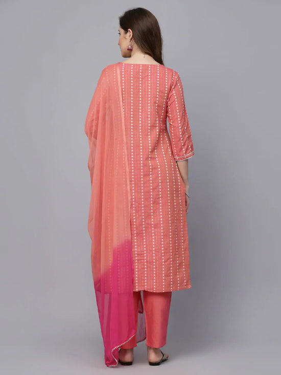 Women's Woven Design & Embroidered Cotton Blend Straight Kurta with Pant & Dupatta-KPDCORALFOX36