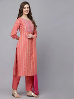 Women's Woven Design & Embroidered Cotton Blend Straight Kurta with Pant & Dupatta-KPDCORALFOX36