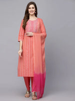 Women's Woven Design & Embroidered Cotton Blend Straight Kurta with Pant & Dupatta-KPDCORALFOX36