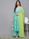 Women's Floral Printed Cotton Pleated Kurta Palazzo Dupatta Set-KPDZAYLA36