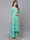 Women's Floral Printed Cotton Pleated Kurta Palazzo Dupatta Set-KPDZAYLA36