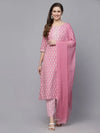 Women's Floral Printed Rayon Kurta Pant Dupatta Set-KPDPINKSEAL36