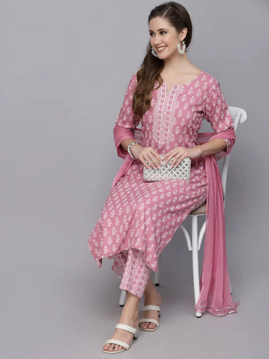 Women's Floral Printed Rayon Kurta Pant Dupatta Set-KPDPINKSEAL36