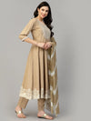 Women's Printed & Embroidered Cotton Anarkali Kurta Pant Dupatta Set-KPDBEIGESTAR36