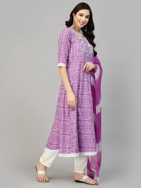 Women's Bandhej Printed & Embroidered Anarkali Kurta Pant Dupatta Set-KPDPURPLECLOUDY36