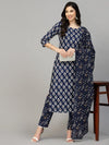 Stylum Women's Printed Rayon Kurta Pant Dupatta Set-KPDTUFFYNAVY36