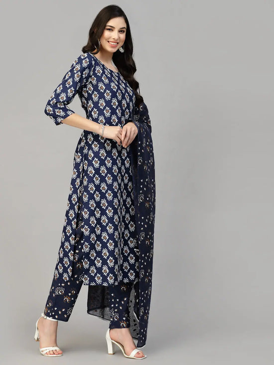 Stylum Women's Printed Rayon Kurta Pant Dupatta Set-KPDTUFFYNAVY36