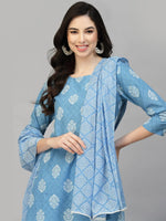 Stylum Women's Printed Rayon Kurta Pant Dupatta Set-KPDPEPSIBLUE36