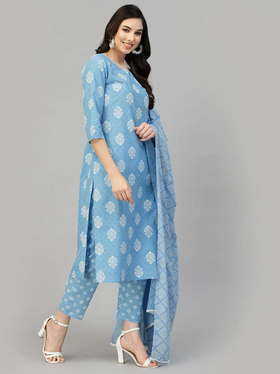 Stylum Women's Printed Rayon Kurta Pant Dupatta Set-KPDPEPSIBLUE36