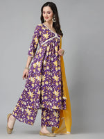 Women's Floral Printed Cotton Pleated Kurta Palazzo Dupatta Set-KPDVOILZAYLA36