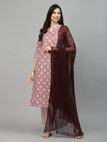 Stylum Women's Printed Cotton Blend Kurta Pant Dupatta Set-COLINMAUVE36