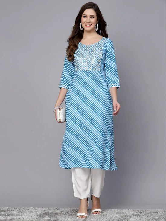 Women's Lehriya Printed & Embroidered Rayon Straight Kurta-TURQNISAR36