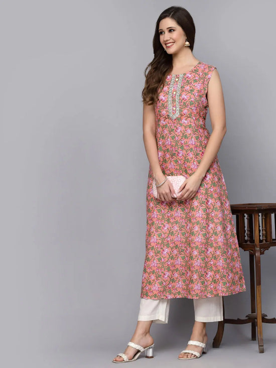 Women's Floral Printed Cotton A-Line Kurta