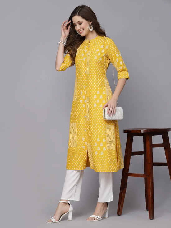 Women's Printed Rayon A-Line Kurta-CELIOMUSTARD36