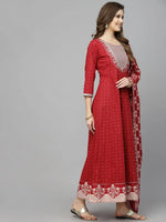 Women's Printed & Embroidered Cotton Anarkali kurta with Dupatta