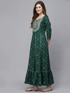 Women's Bandhani Printed & Embroidered Rayon Anarkali Kurta-GREENAMBER36