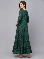 Women's Bandhani Printed & Embroidered Rayon Anarkali Kurta-GREENAMBER36