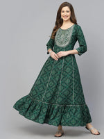 Women's Bandhani Printed & Embroidered Rayon Anarkali Kurta-GREENAMBER36