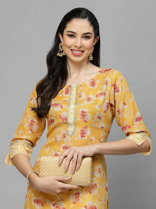 Stylum Women's Printed Rayon Blend Straight Kurta-AKSHUMUSTARD36