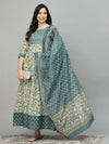 Stylum Women's Printed Cotton Anarkali Kurta with Dupatta-KDBEIGENUTAN36