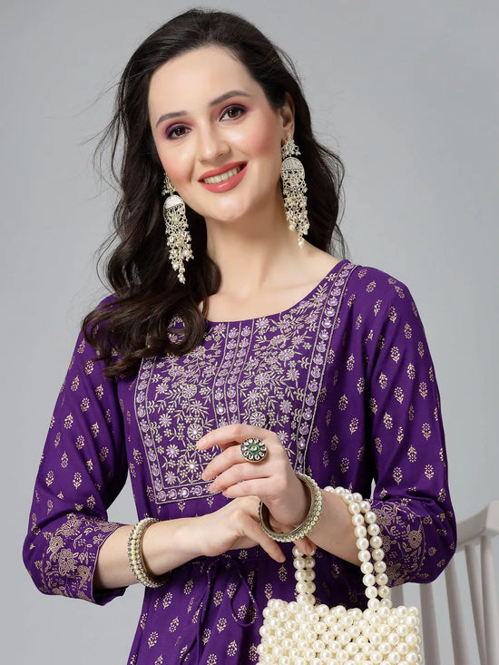 Women Voilet Embroidered Long Kurta