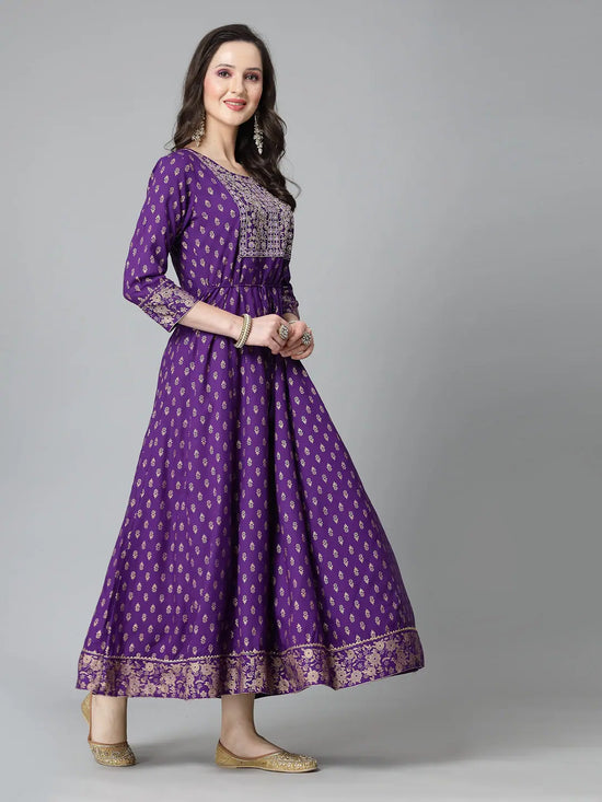 Women Voilet Embroidered Long Kurta