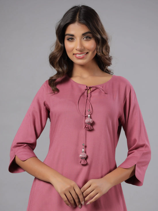 Juniper Women Mauve Rayon Solid Asymmetric Kurta