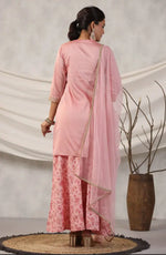 Juniper Women Peach Embroidered Kurta, Pants and Dupatta Set